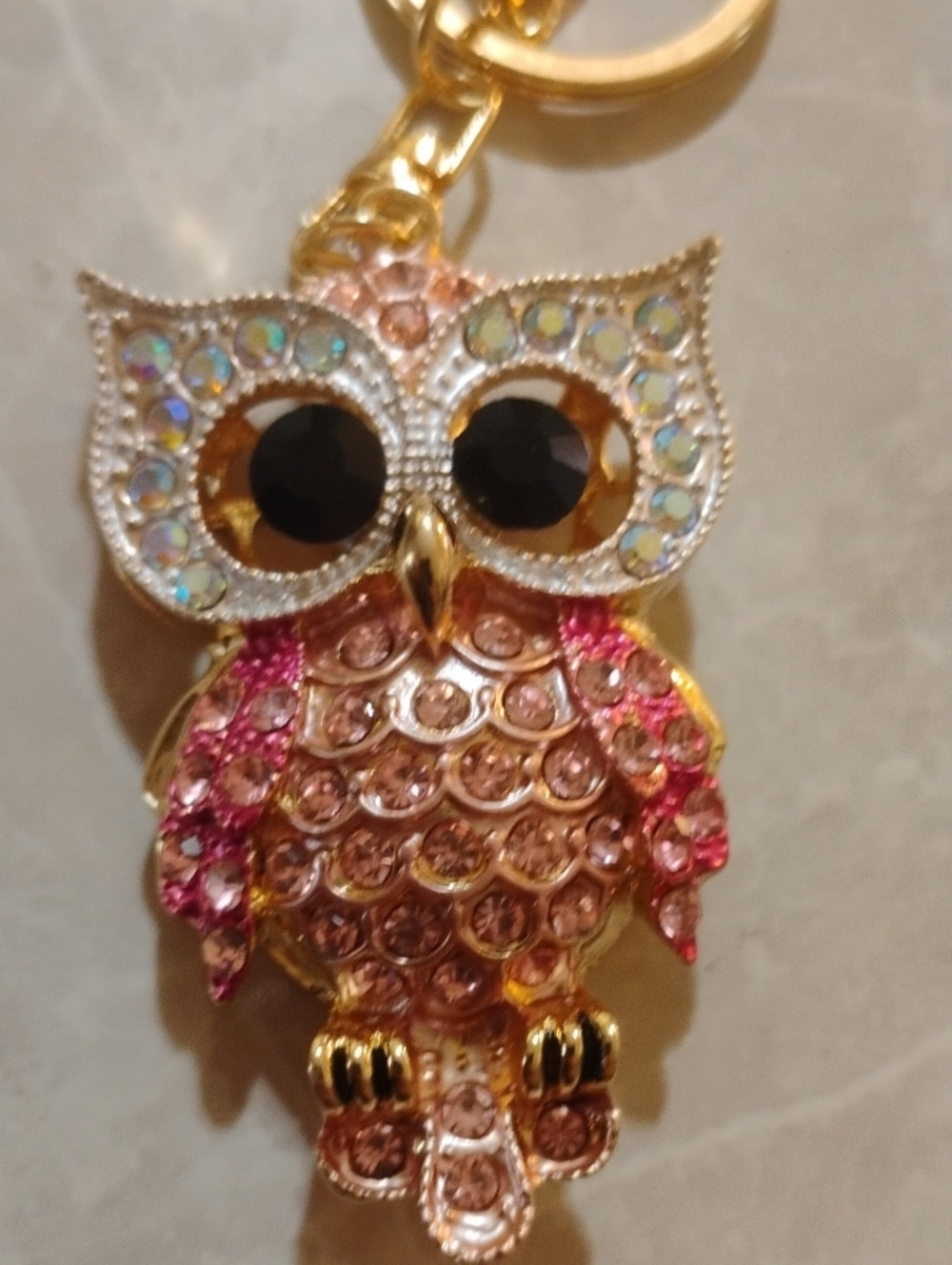 Gold-Tone Pink Crystal Owl Keyring Charm